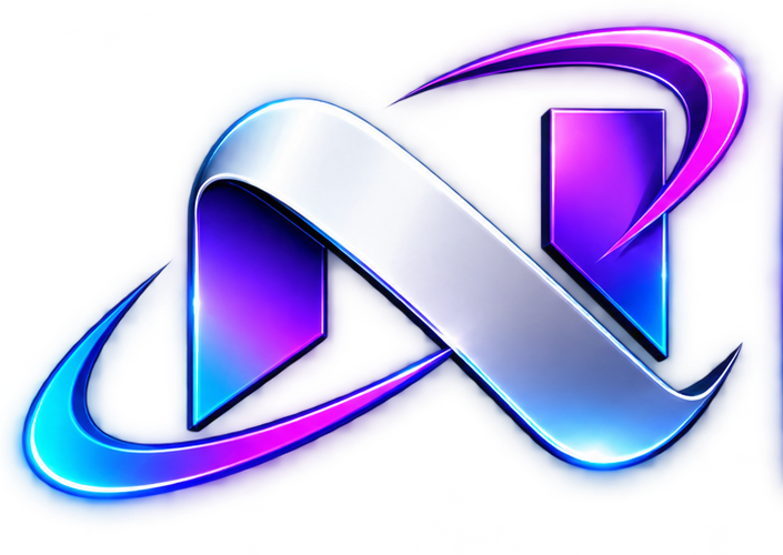 Nimso Soft logo featuring a futuristic 3D neon emblem with blue, purple, and silver gradients